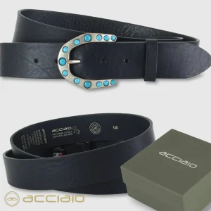 Cintura donna alta in cuoio pelle Blu fibbia Yuma