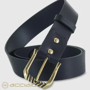 Cintura donna alta in pelle cuoio Blu fibbia Trinity