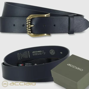 Cintura donna alta in pelle cuoio Blu fibbia Trinity