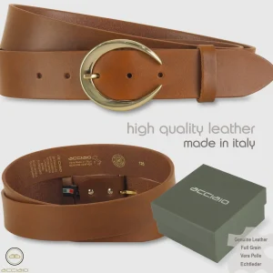 Cintura donna alta in pelle Cognac Moon Oro