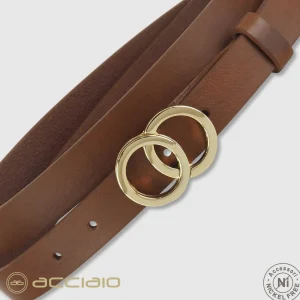 Cintura donna sottile in pelle cuoio Castagno fibbia Eclipse Oro