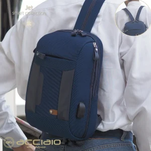 Monospalla uomo zaino piccolo Jet tessuto e pelle Blu Navy