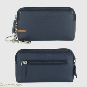 Pochette portamonete portachiavi 2 vani zip in pelle Blu