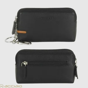 Pochette portamonete portachiavi 2 vani zip in pelle Nero