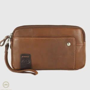 Pochette Uomo in pelle 2 vani zip borsello a mano Harry 7" Castagno