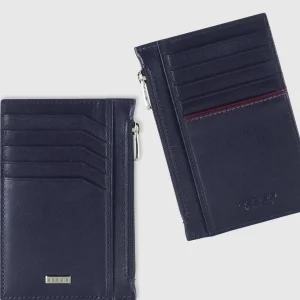 Porta carte di credito zip portafoglio verticale piatto in pelle liscia Blu Ink