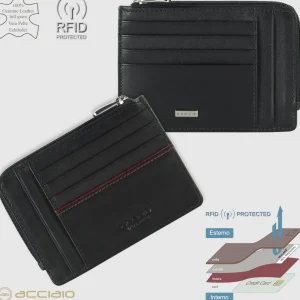 Porta carte di credito zip portadocumenti in pelle liscia Nero