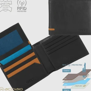 Portafoglio da uomo con 15 carte di credito e patta, Nero