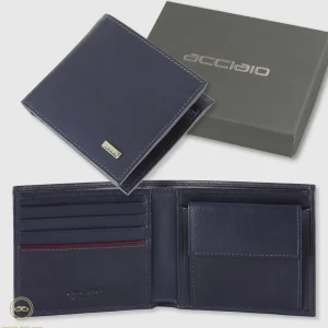 Portafoglio piccolo uomo, portamonete e 4cc in pelle Liscia Blu Ink
