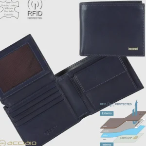 Portafoglio uomo medio con portamonete e patta in pelle Liscia Blu Ink
