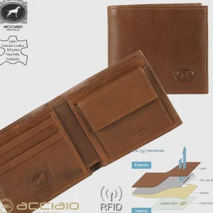 Portafoglio uomo piccolo in pelle con portamonete Castagno
