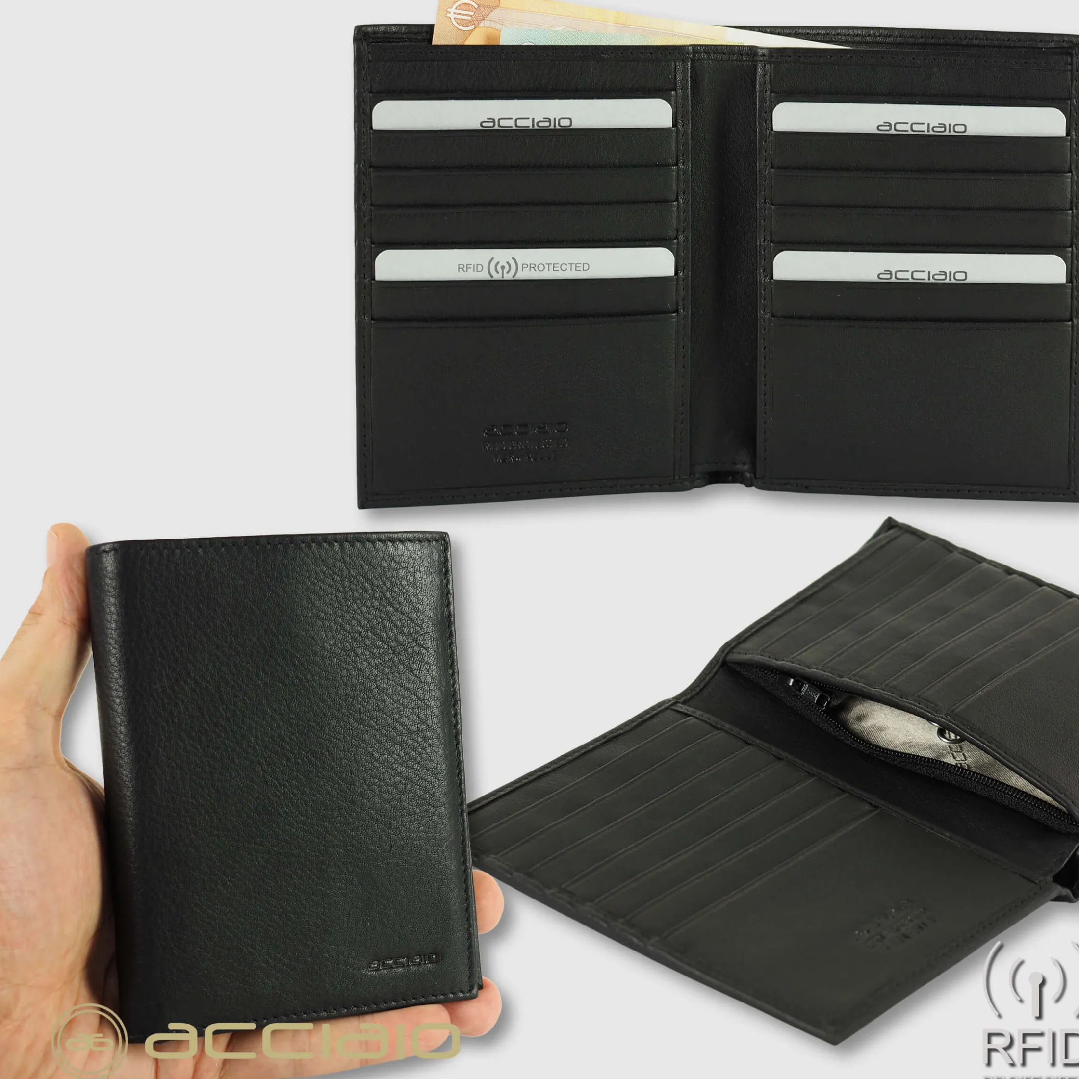 portafoglio_uomo_vertical_2.webp Portafoglio uomo Verticale pelle Soft Nero, 14 carte credito e zip anti-rfid