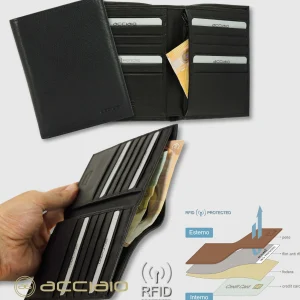 Portafoglio uomo Verticale pelle Soft Nero, 14 carte credito e zip anti-rfid
