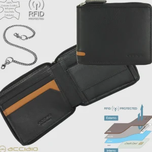 Portafoglio Zip mini da uomo con catena Nero