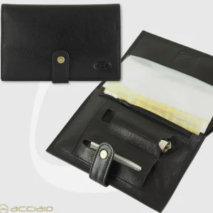 Portatabacco in pelle con bottone, cuoio Nero